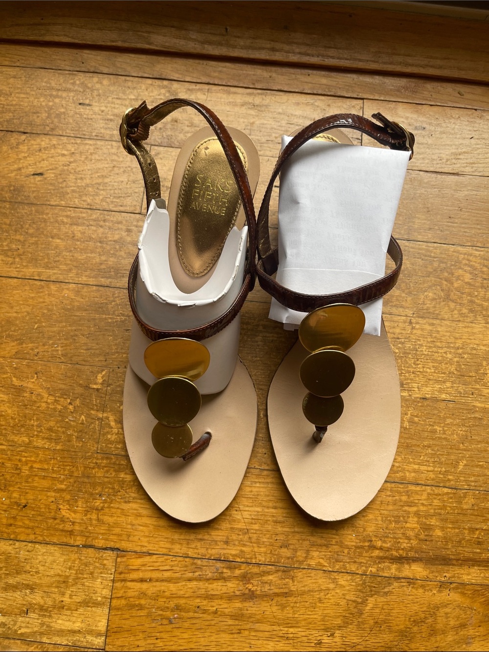 Saks Fifth Avenue Brown Leather T-Strap Sandals with Gold Discs